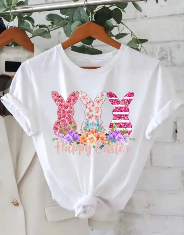 Happy Easter Rabbit Printed Women's Round Neck Short Sleeve T shirt White 9 - Shop at LoveMi