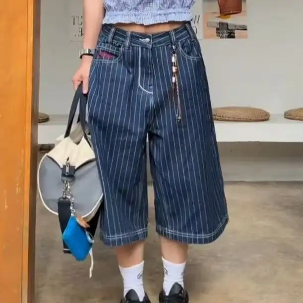 Womens Retro Striped Embroidered Washed Denim Cropped Pants