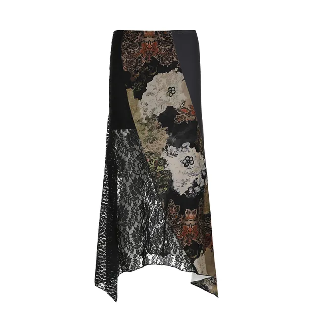 Retro Ethnic Style Personalized Printing Stitching Asymmetric Skirt Color - Shop at LoveMi