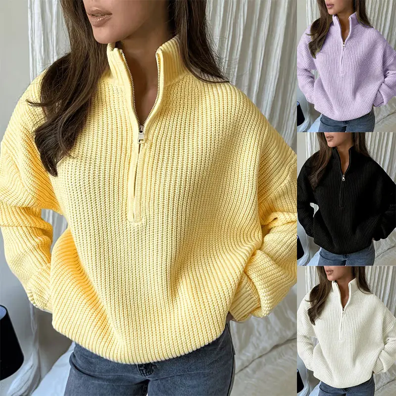 Loose-fitting Versatile Knitted Zip-up Pullover