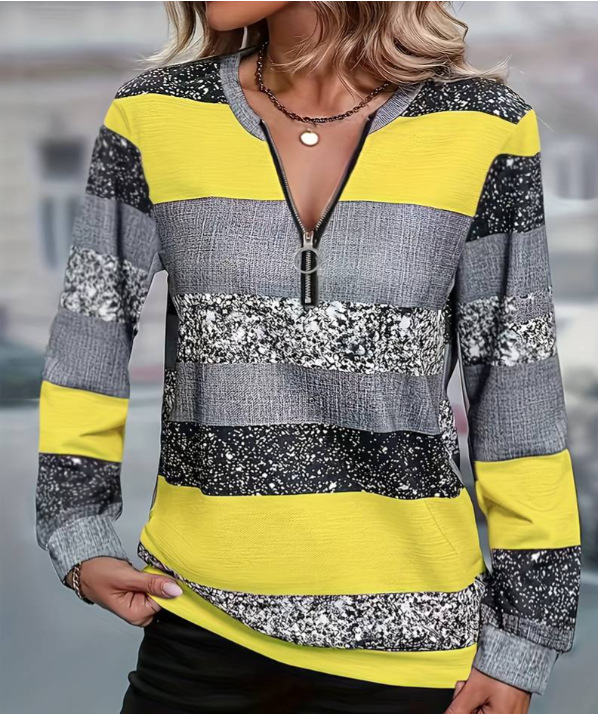 Womens FallWinter Crew-Neck Printed Loose-Fit Zip-Up Hoodie With Long Sleeves