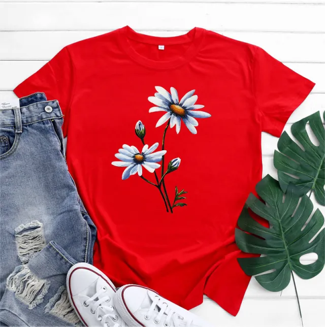 Women's Fashion Flower Print Round Neck Short Sleeve T shirt Red - Shop at LoveMi
