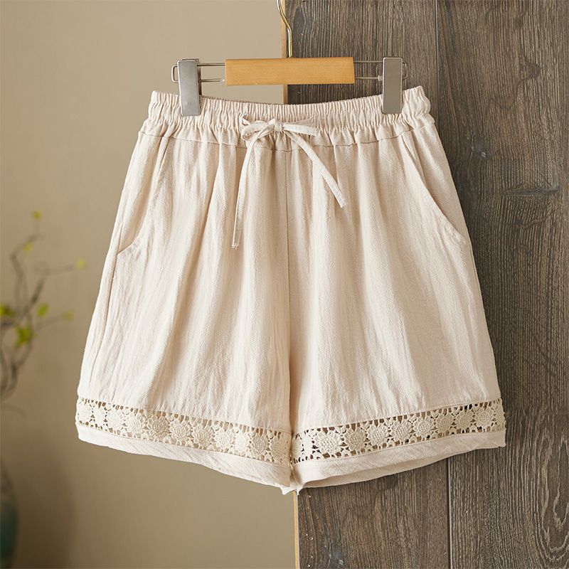 Retro Artistic Hollowed-Out Lace Trim Shorts Womens Casual Wide-Leg Pants