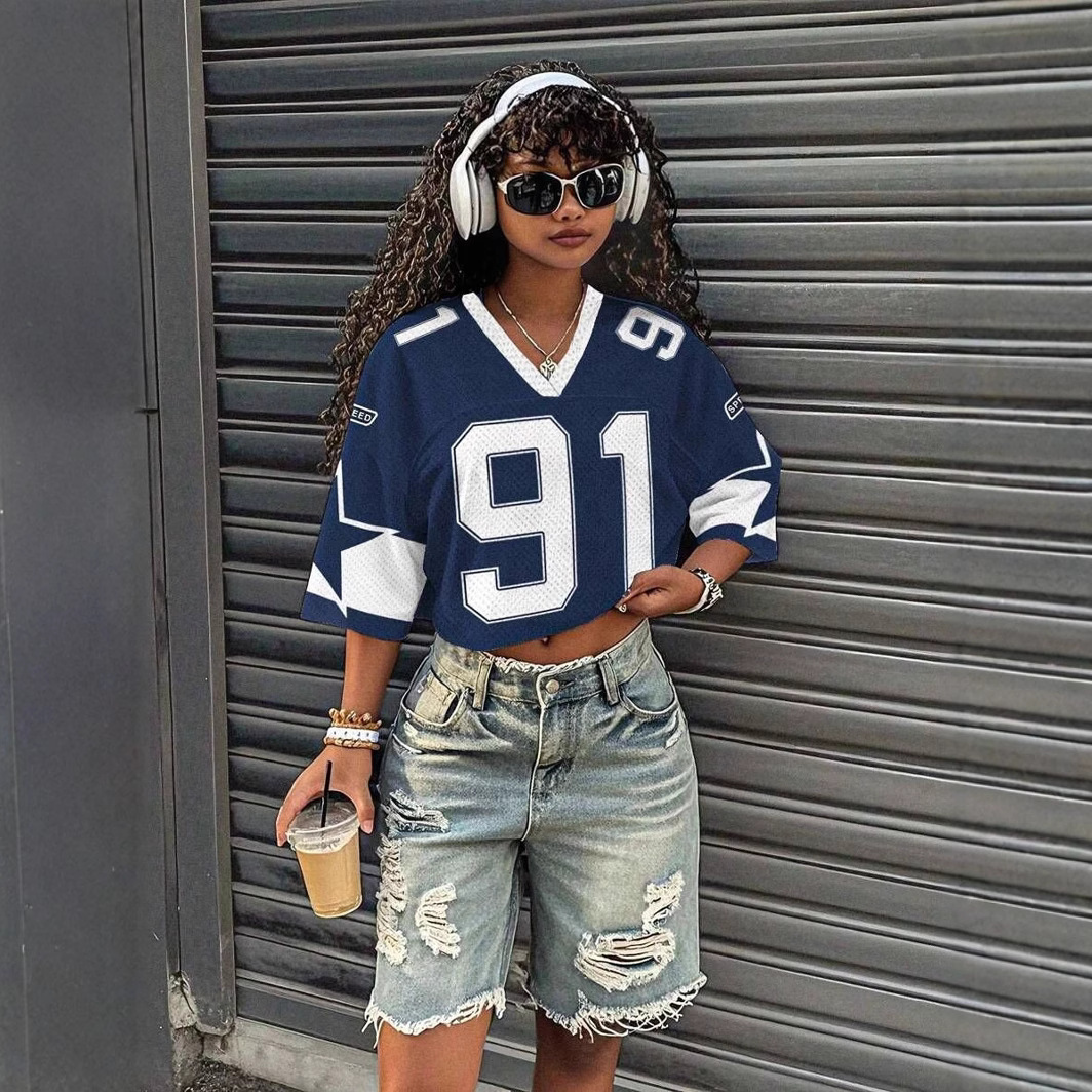 Stylish Preppy V-neck Loose-fit Short-sleeve T-shirt