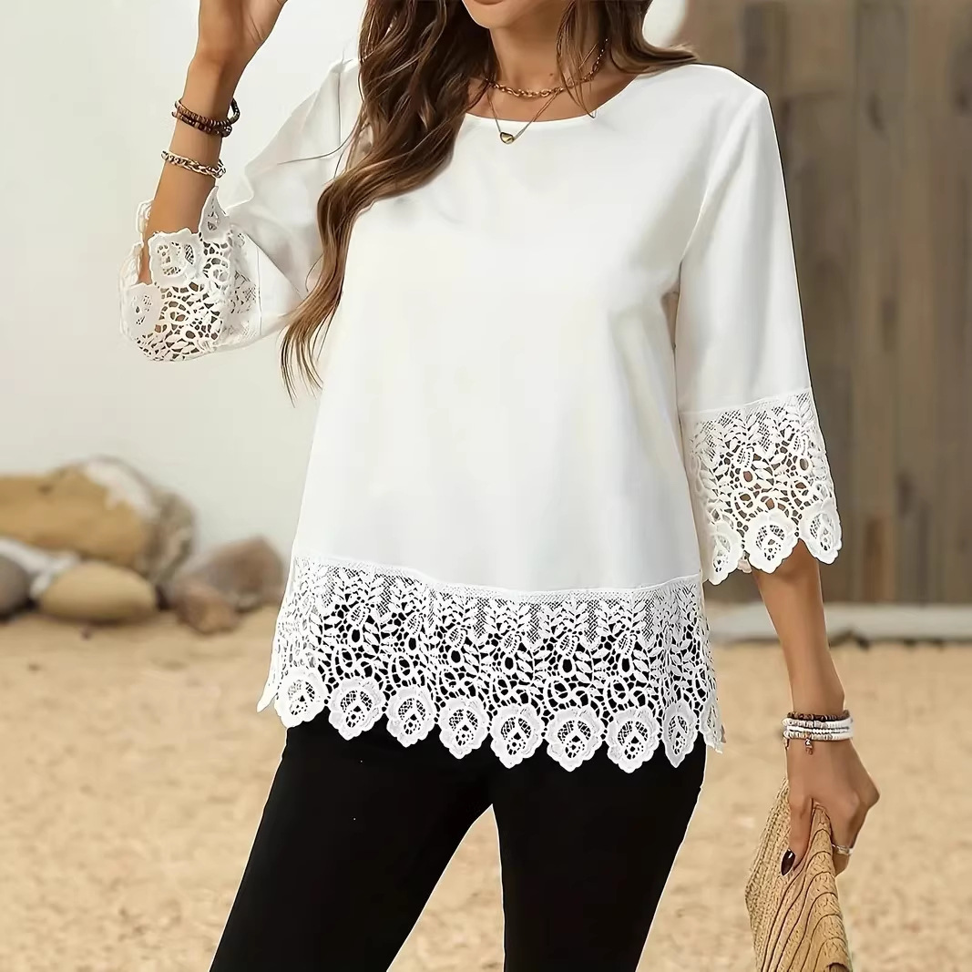 Round-neck Lace-trimmed Patchwork Minimalist Womens T-shirt