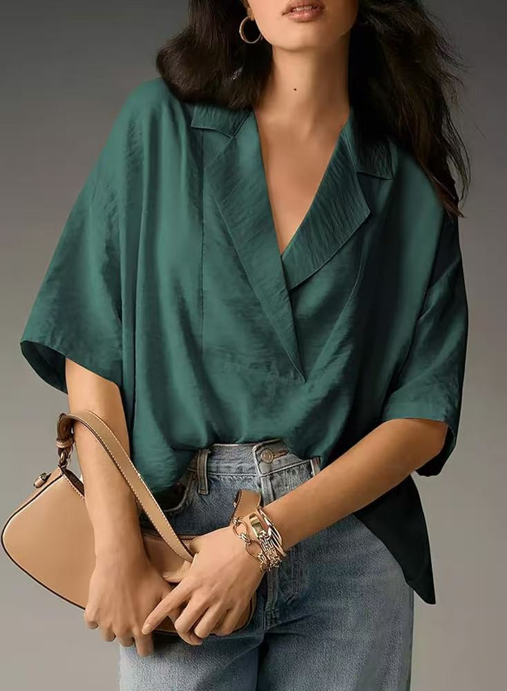 Casual Loose Short Sleeve Lapel  Collar Large V-Neck Fashionable Elegant Pleated Loose Fit Solid Color Women's Shirt Tops Clothing