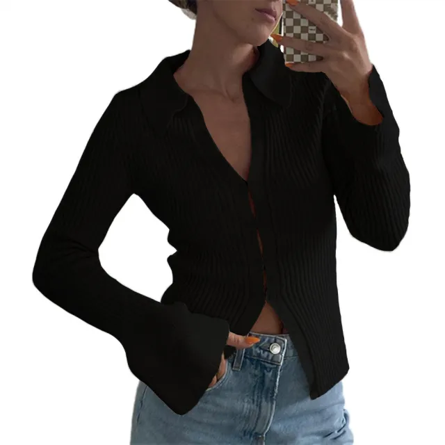 Long Sleeve Top Bell Sleeve Bottoming Casual Street Black - Shop at LoveMi