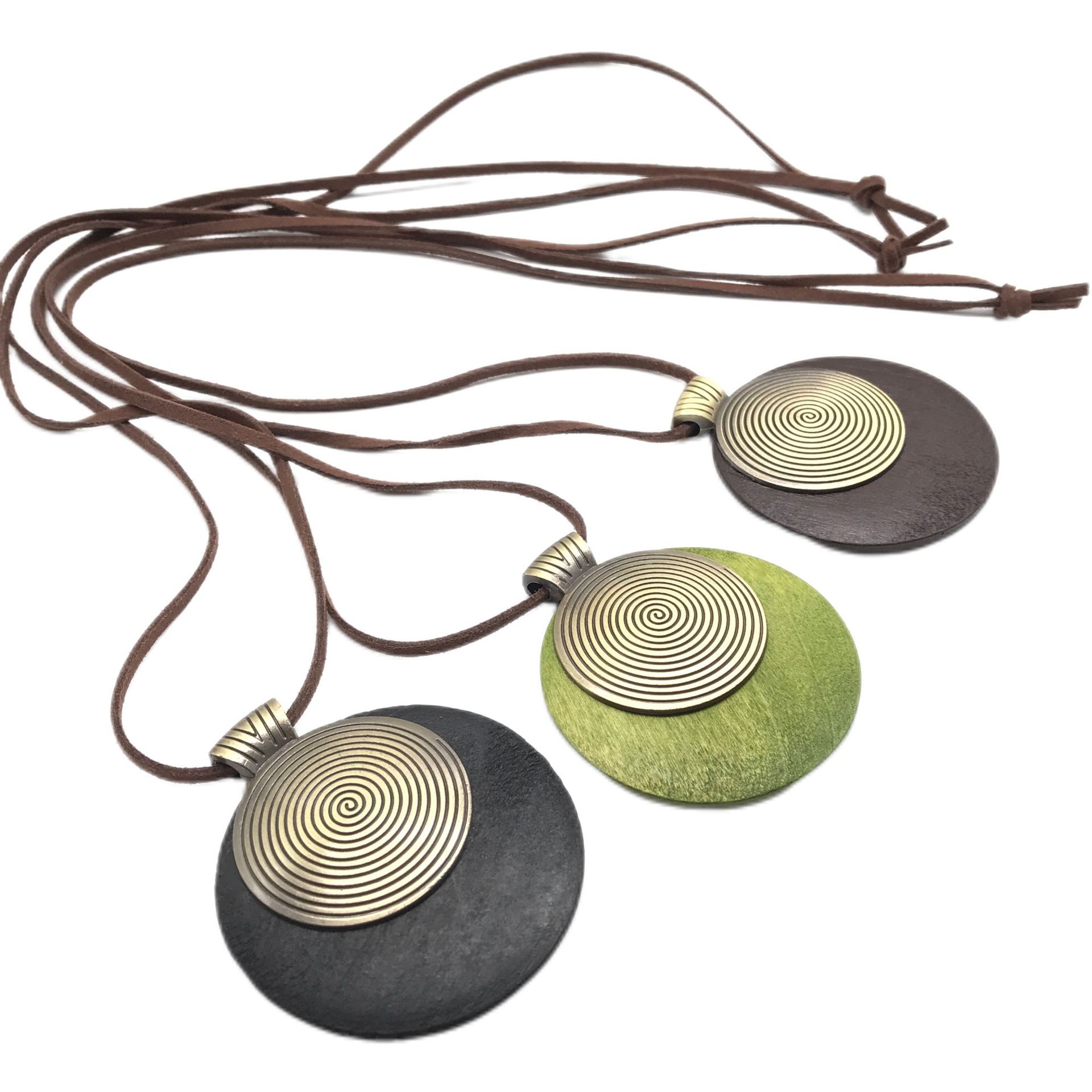 Womens Cotton And Linen Accessories, Simple Wooden Circle Alloy Long Necklace