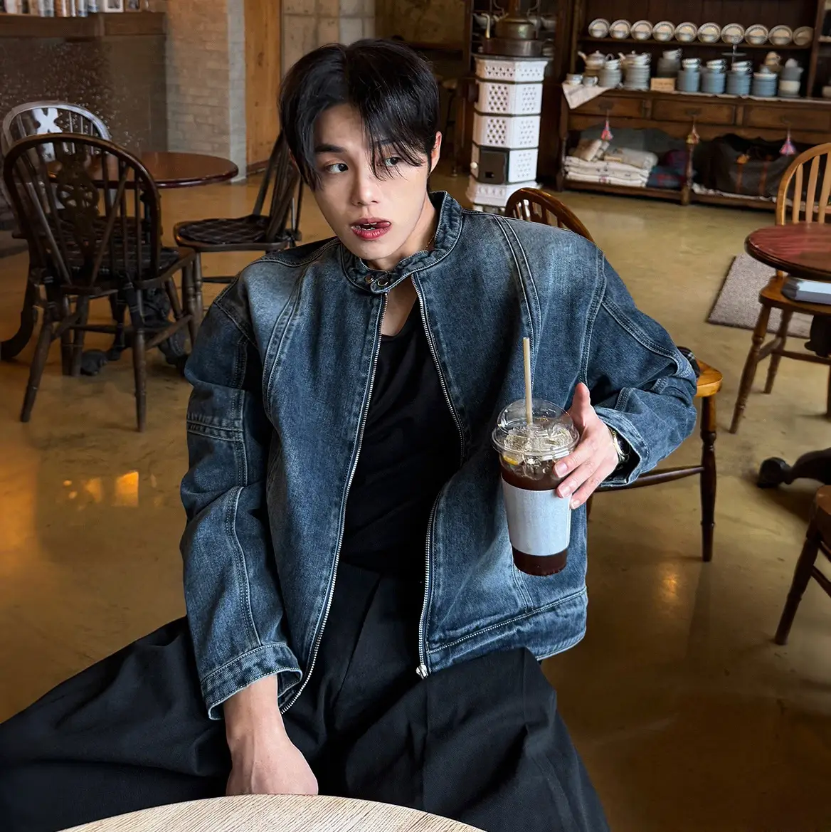 Loose-fit Stand-up Collar Jacket Cropped Denim Jacket