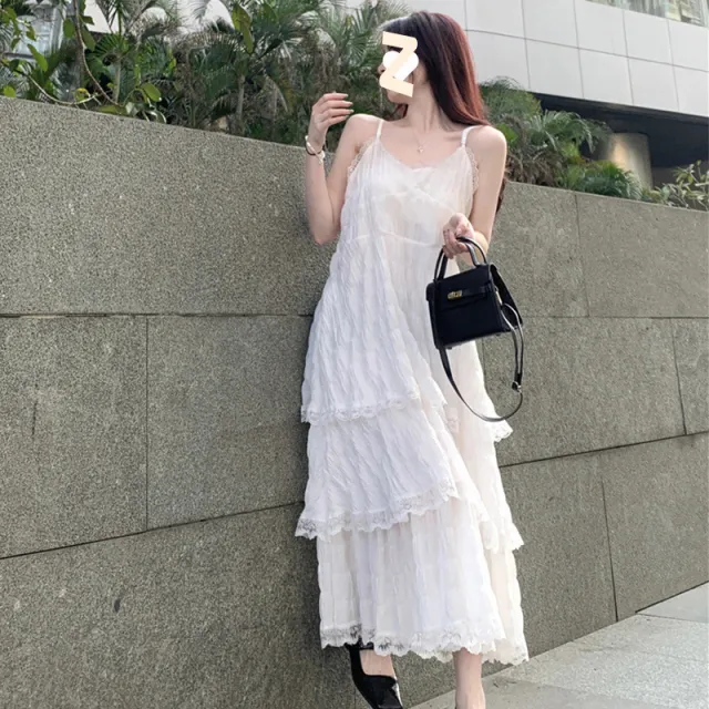 French Strap Summer Vacation Style Small Loose Tiered Ruffle Long Dress White - Shop at LoveMi