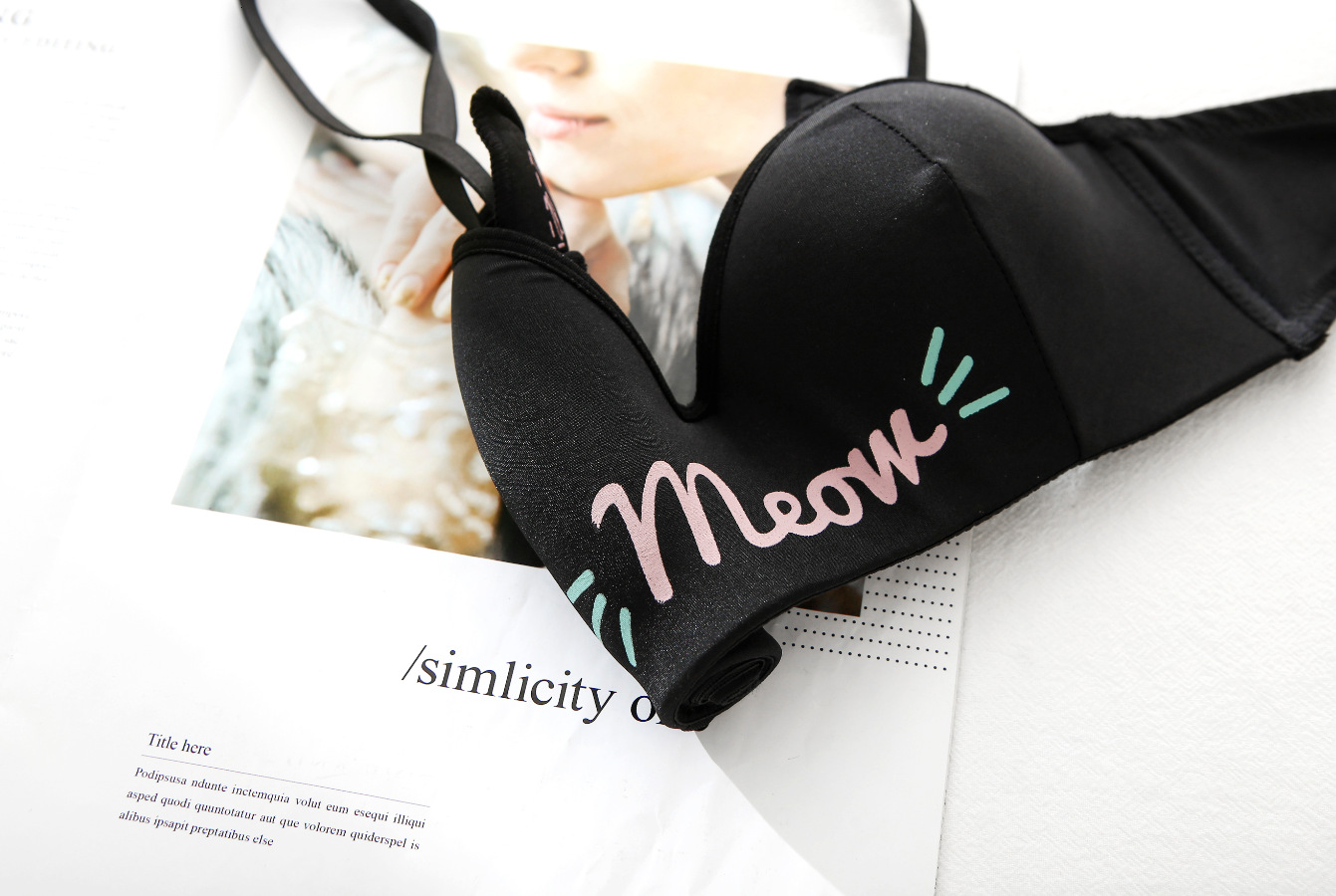 Title 7, Meow Girl Half Cup Wireless Push Up Bra Set