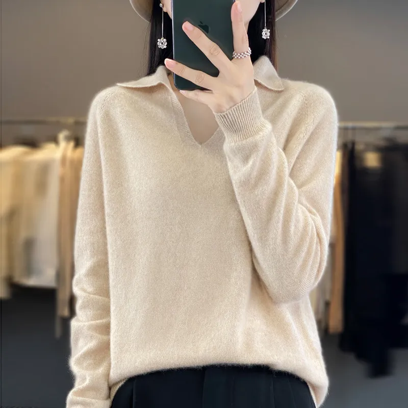 Pure Wool Idle Style Knitted Bottoming Shirt High-grade Top - Raw Velvet Rice