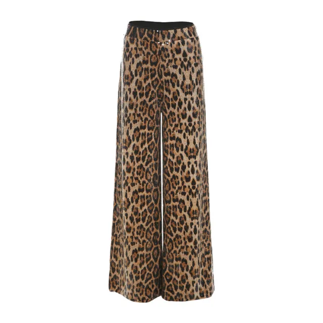 Fashion Leopard Print Sequined High Waist Straight Slim Fit Casual Trousers Leopard Print - Shop at LoveMi