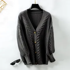 Women's Knitted Cardigan Vintage Single-breasted Sweater Coat - Dark Gray - View 1