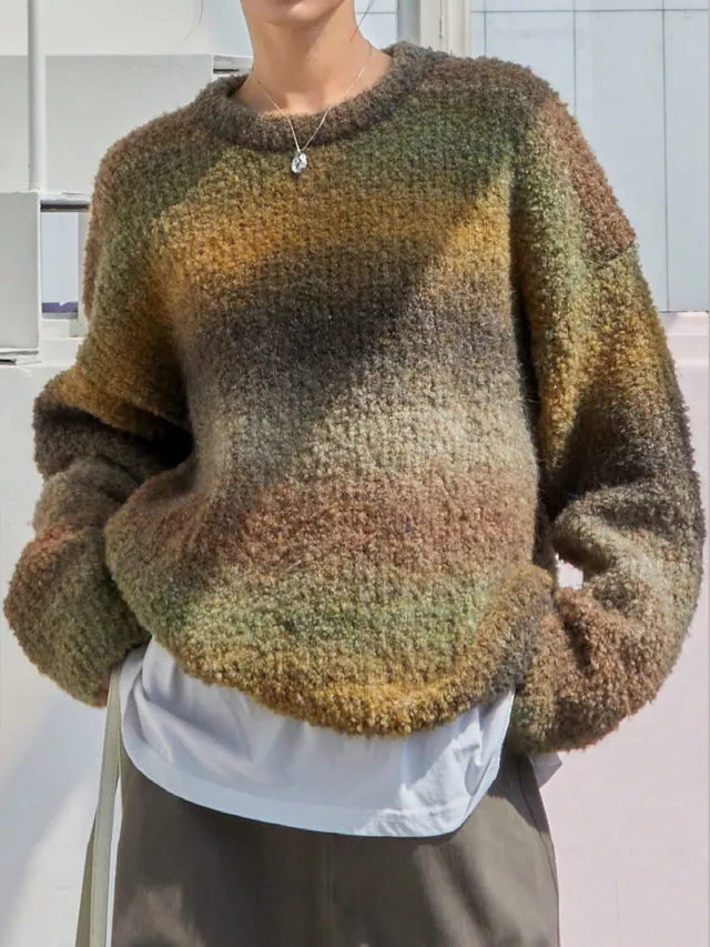 Lazy Sweater Female Gradient Color Round Neck Loose Outer Wear Soft Glutinous Chocolate - Shop at LoveMi