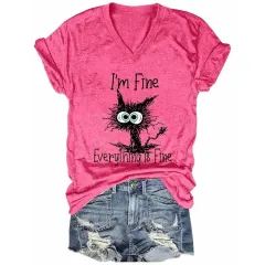 Pleated V-neck Women's Black Cat Print Pullover Loose T-shirt - Red - View 1