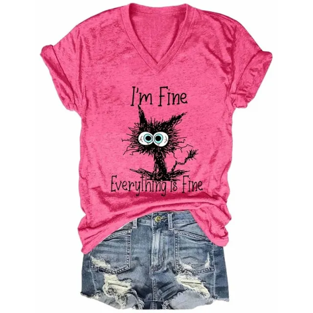 Pleated V neck Women's Black Cat Print Pullover Loose T shirt Red - Shop at LoveMi