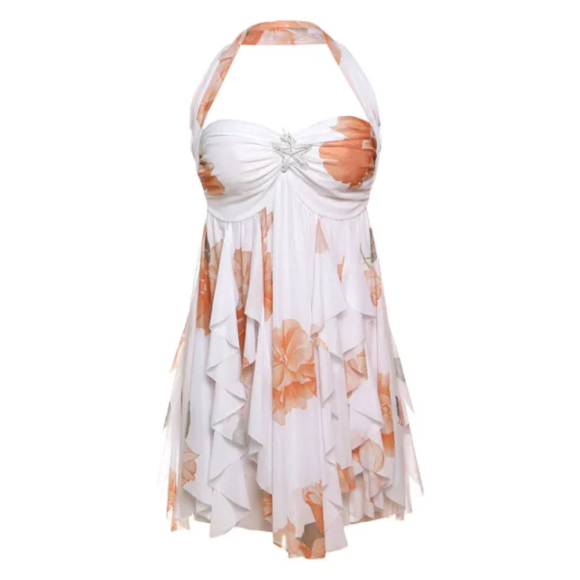 Ins Halter Neck Backless Dress Summer Sexy Printed Irregular Mesh Short Dresses For Evening Party Club Women's Clothing Yellow - Shop at LoveMi