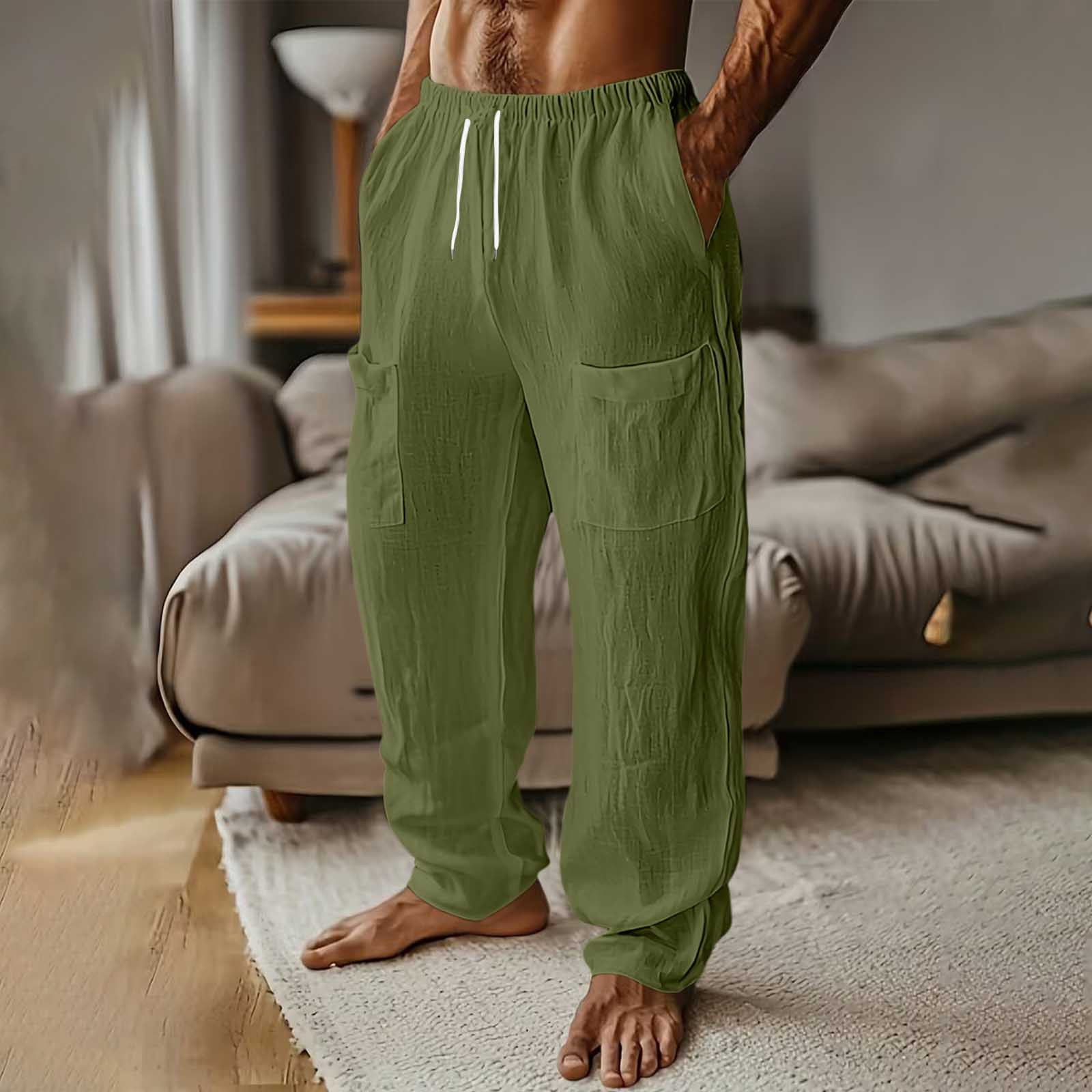 Mens Fashion Cotton-Linen Solid Color Multi-Pocket Elastic Waist Drawstring Casual Straight-Leg Trousers
