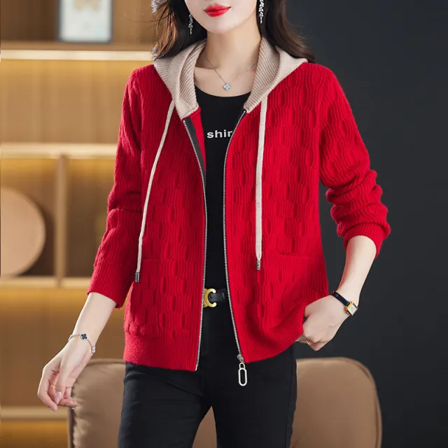 Hooded Sweater Women's Coat Fall Winter Fashion Western Style Zipper Knitted Cardigan Red - Shop at LoveMi