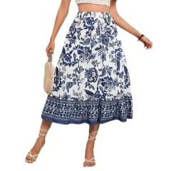 Bohemian Blue And White Porcelain Printed A- Line Skirt - Color - View 1