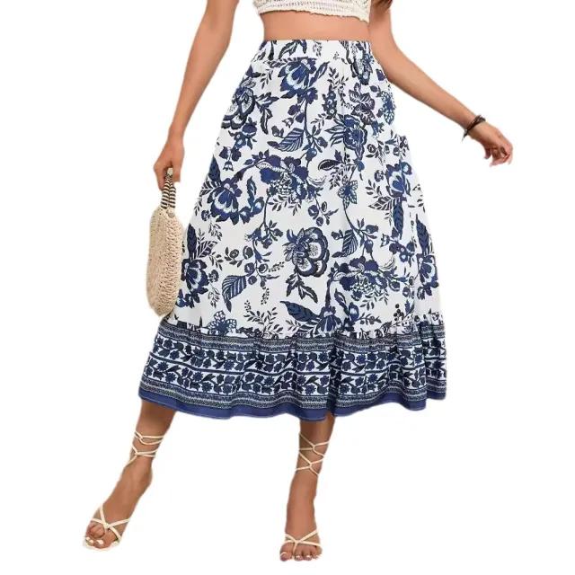 Bohemian Blue And White Porcelain Printed A Line Skirt Color - Shop at LoveMi