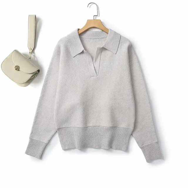 Winter Batwing Sleeve Polo Shirt V neck Long Sleeve Wool Blended Sweater For Women Beige Gray - Shop at LoveMi