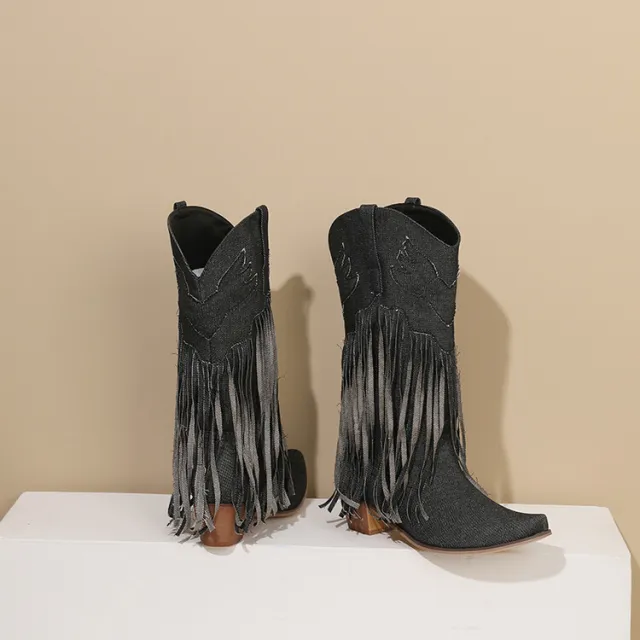 Denim Embroidered Tassel Blue Pointed Toe Chunky Heel Mid Heel Long Tube Blue - Shop at LoveMi