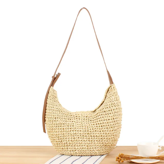 Simple Casual Paper String Hand woven Bag Tote Bag Beige - Shop at LoveMi