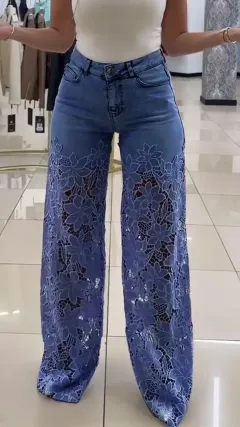 Y2K Lace Flowers Hollow Jeans Fashion High Waist Straight Wide Leg Pants Solid Colour Trousers Women's Clothing - Dark Blue - View 1
