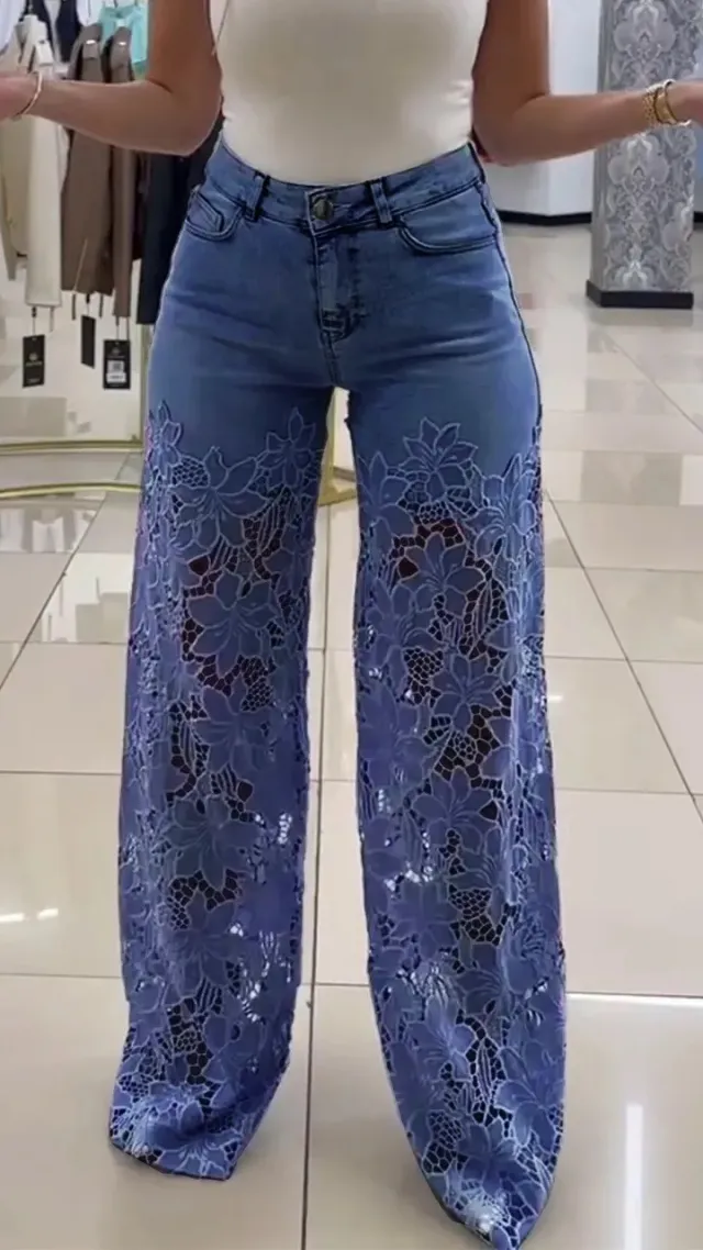 Y2K Lace Flowers Hollow Jeans Fashion High Waist Straight Wide Leg Pants Solid Color Trousers Women's Clothing Dark Blue - Shop at LoveMi