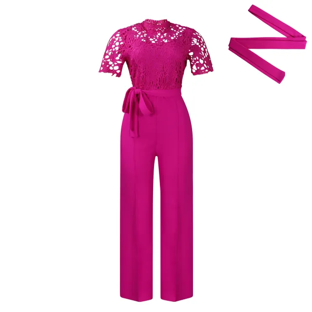 Sexy Lace Hollow out Short sleeve Tie waist High waist Wide leg Jumpsuit Rose Red - Shop at LoveMi