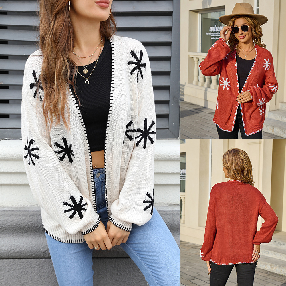 Jacquard Plus Size Women's Off-neck Flower Personality All-match Knitted Coat