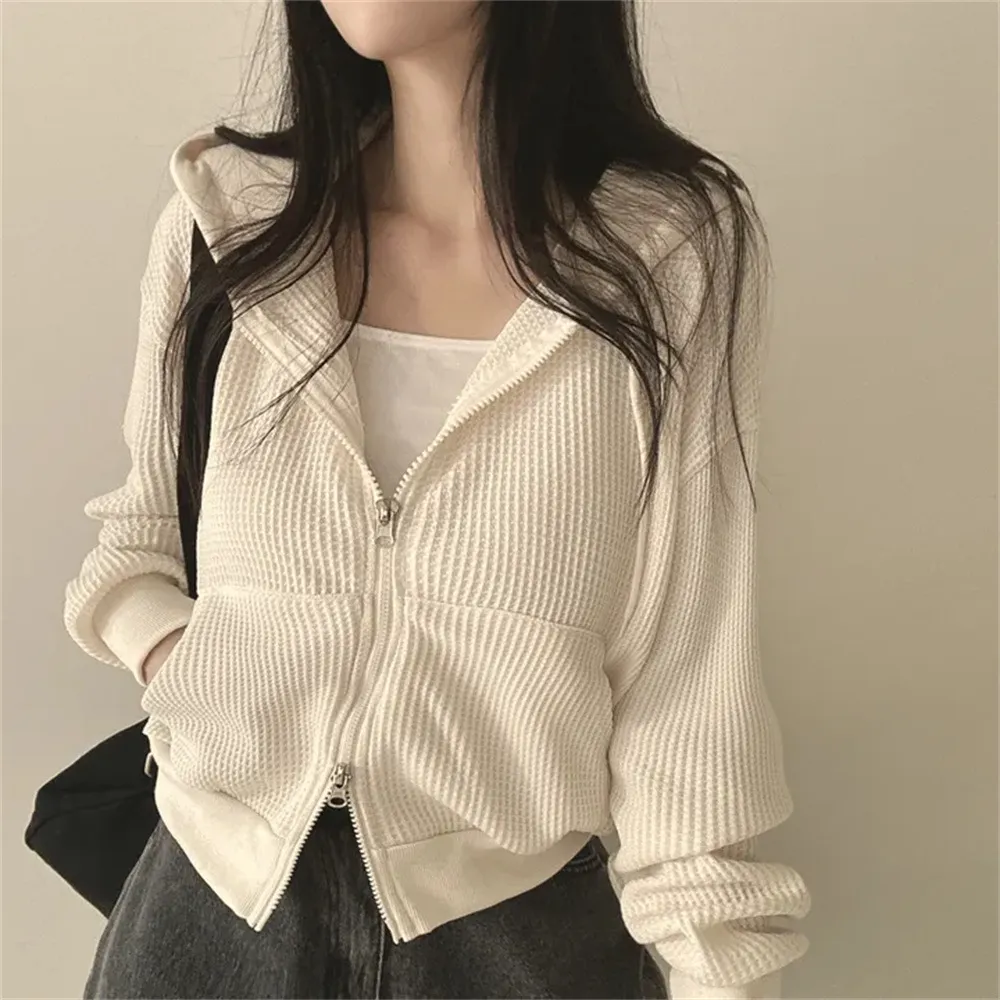 Korean Style Hooded Thin Waffle Sweater - 60255 Apricot With Velvet