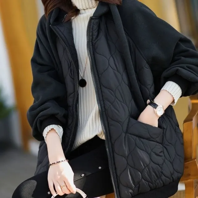 Hooded Fleece Cotton padded Jacket Thick Coat Cotton padded Jacket Loose Fashion Women's Wear Black - Shop at LoveMi