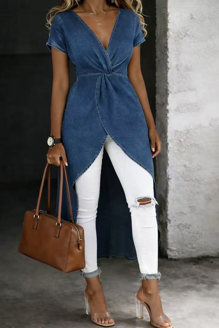 Short-sleeve top and wrap slit flared skirt set, lifestyle detail shot showing 3D relief pattern and wrap slit construction