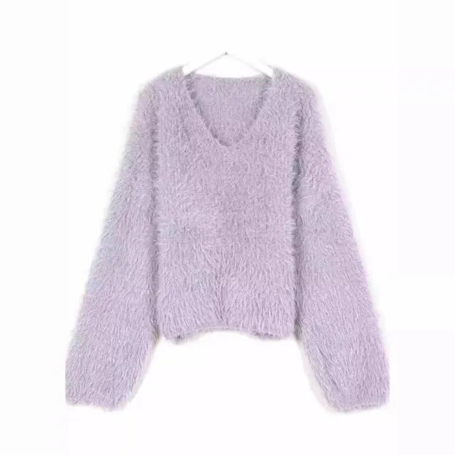 Bright Silk Sweater Women's Pullover Loose V neck Violet - Shop at LoveMi
