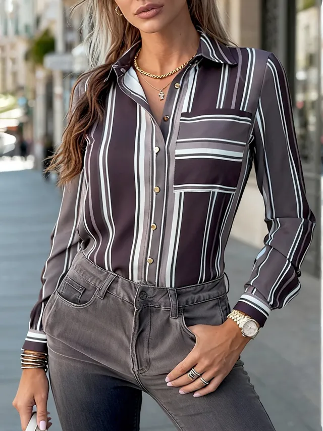 Elegant Sophisticated Striped Patchwork Print Blouse With Long Sleeves For Workwear Gray - Shop at LoveMi