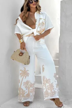 Casual Linen Short-sleeve Lapel Shirt Pants Leisure Suit For Women - Orange - View 1