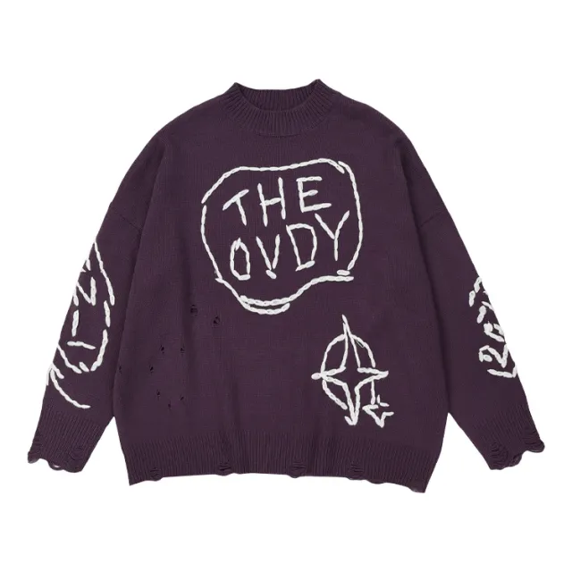Perforated Round Neck Loose Knit Sweater Purple - Shop at LoveMi