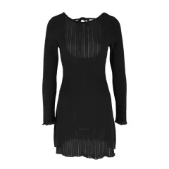 Long Sleeve Knitted Backless High Waist Lace-up Dress - Black - View 1