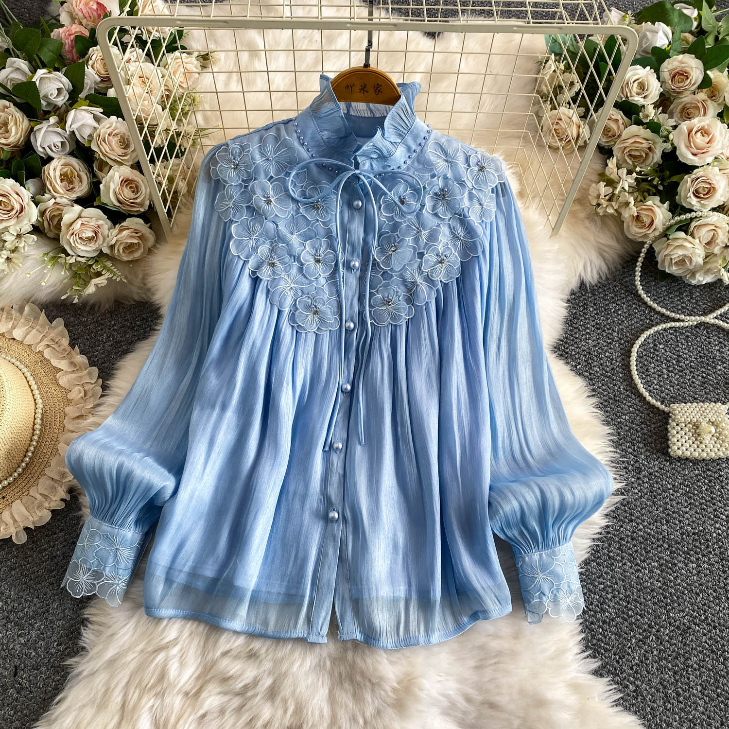 Womens Solid-color Intricately Beaded Three-dimensional Floral Ruffle-neck Blouse