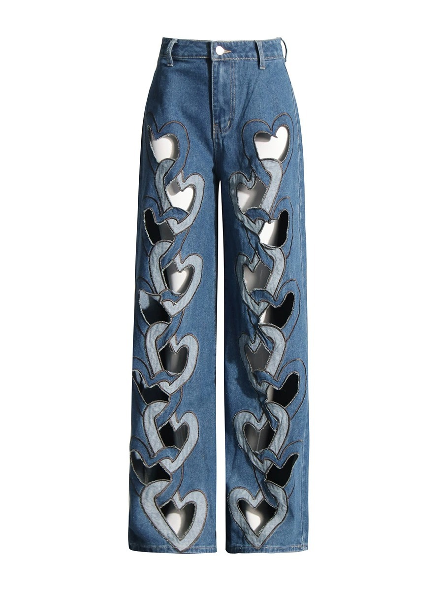High Waist Hollowed Heart Shape Wide Leg Jeans - Image 5