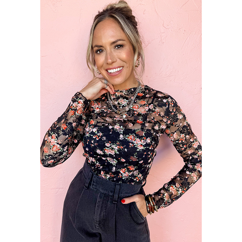 European And American Fashion Floral Print Slim Bottoming Shirt