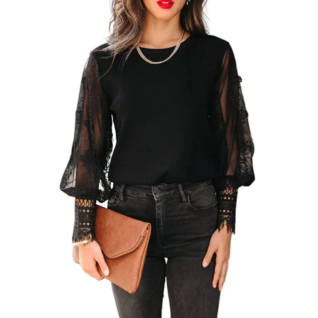 Solid Color Bottoming Shirt Women's European And American Thin And All matching Mesh Pullover Long Sleeve Lc25122604 Black - Shop at LoveMi