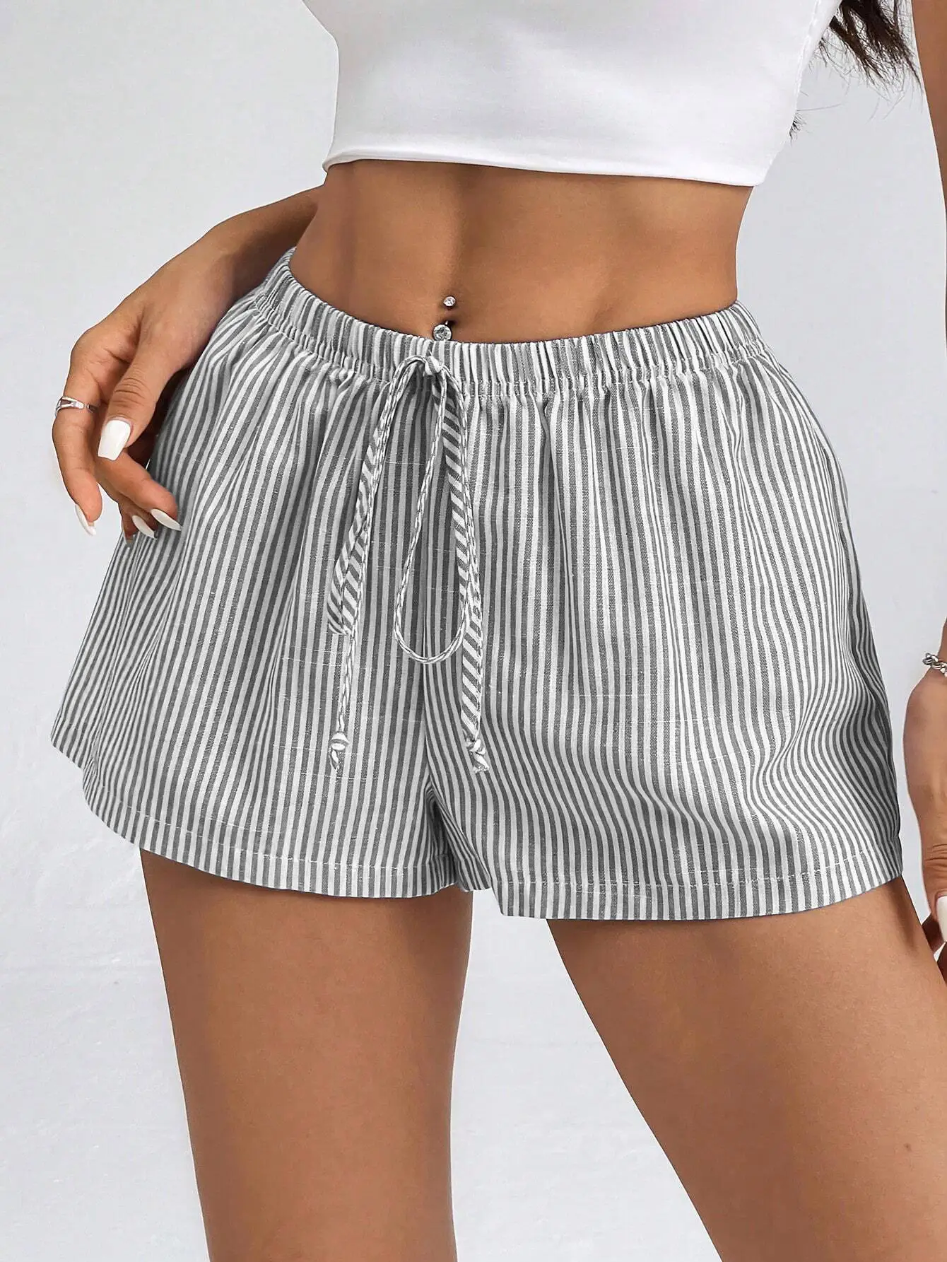 Striped Elastic Waist Drawstring Casual All-Match Shorts For Women