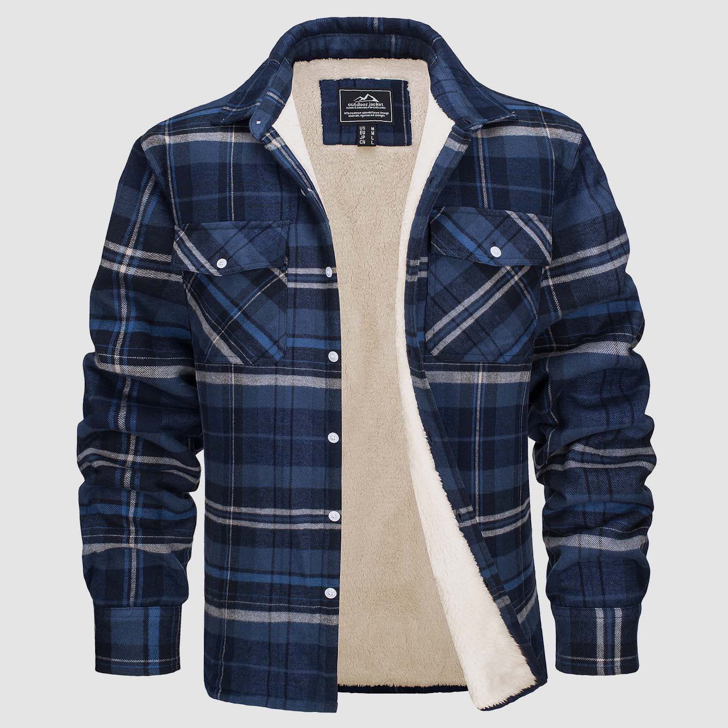Fleece Lined Men's Jacket Long Sleeve Lapel Plaid - Picture 10 of 14