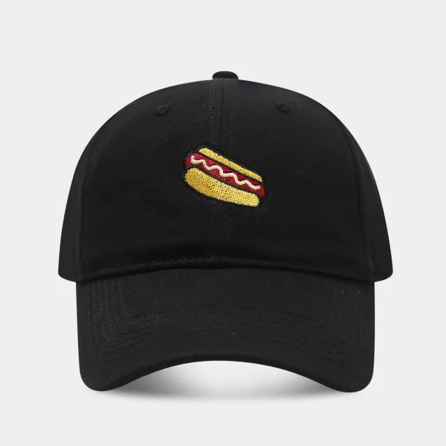 Hot Dog Embroidery Pattern Soft Top Peak Cap Black - Shop at LoveMi