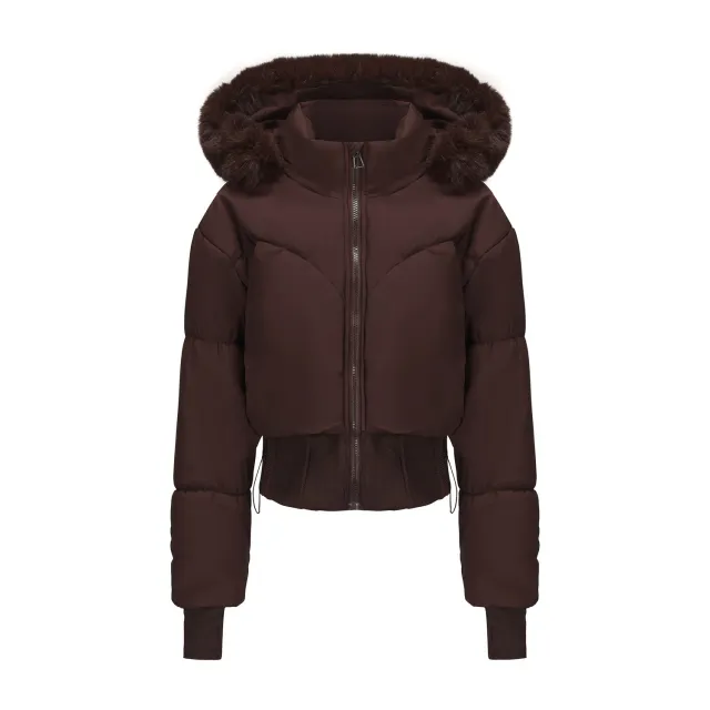 Women's Waist tight Big Fur Collar Hooded Short Cotton Jacket Brown - Shop at LoveMi