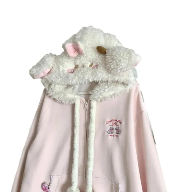 College Loose Little Lamb Wool Hooded Jacket Light Pink Silver Fox Fur With - Shop at LoveMi